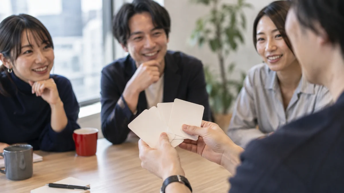 カードを手に、テーブルを囲んで会話する人たち