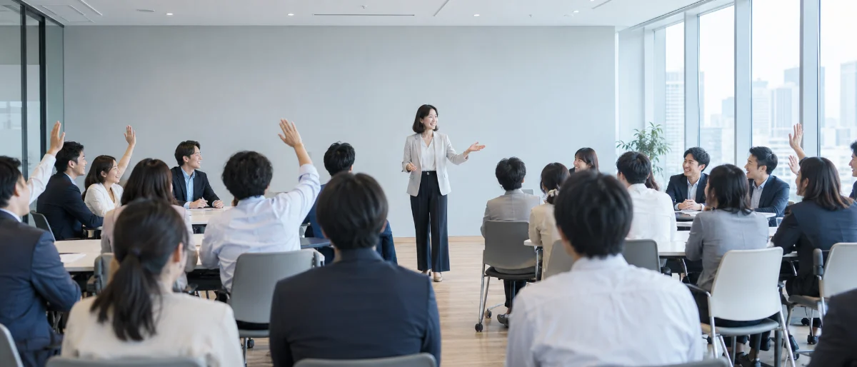 研修で、講師の問いかけに参加者が手を挙げている様子
